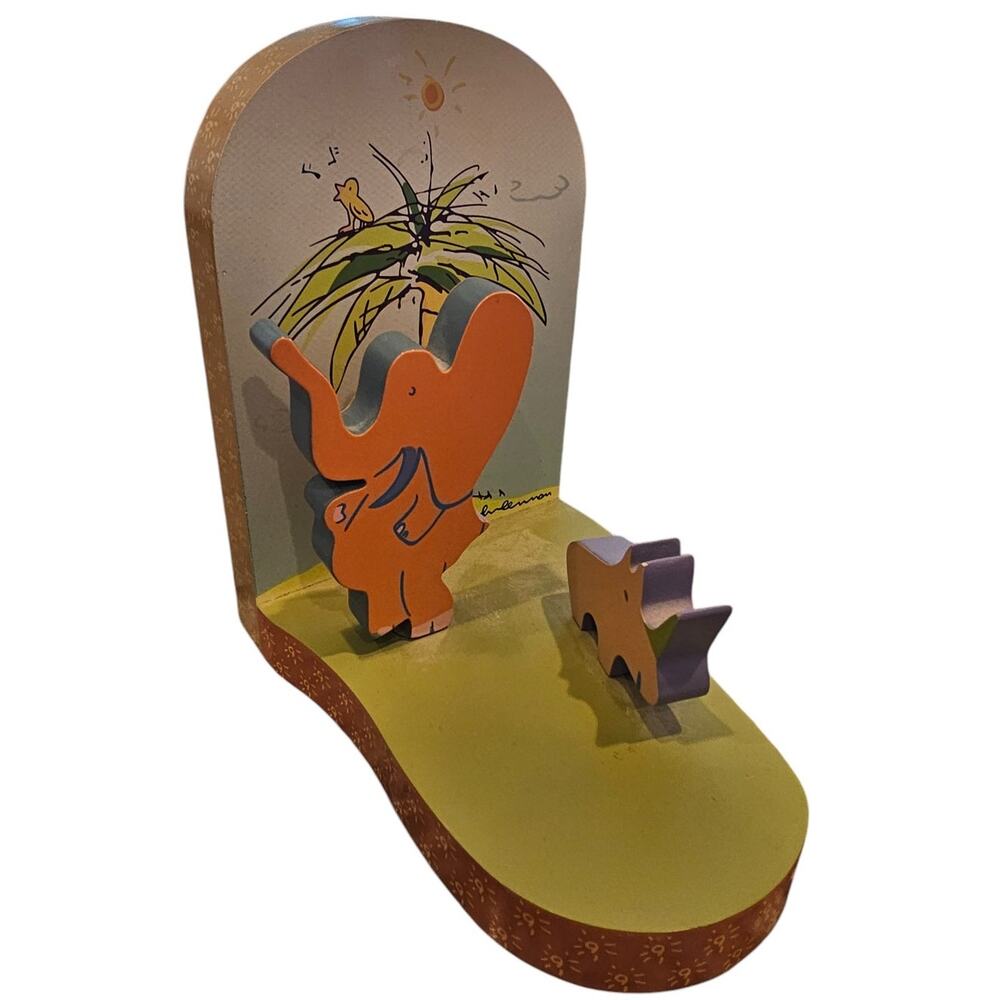 Vtg- Carters Yoko Ono Lennon Jungle Safari Wooden Bookend Elephant Rhino